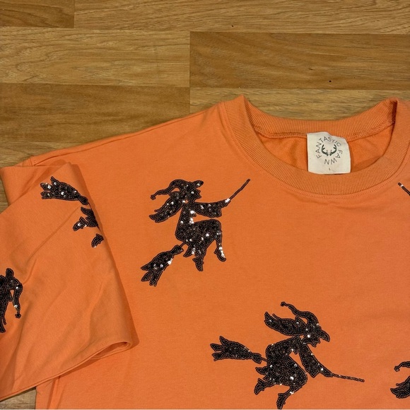 Fantastic Fawn Tops - Fantastic Fawn Orange Sequin Witch Oversized Pullover Sweatshirt Halloween Sz L